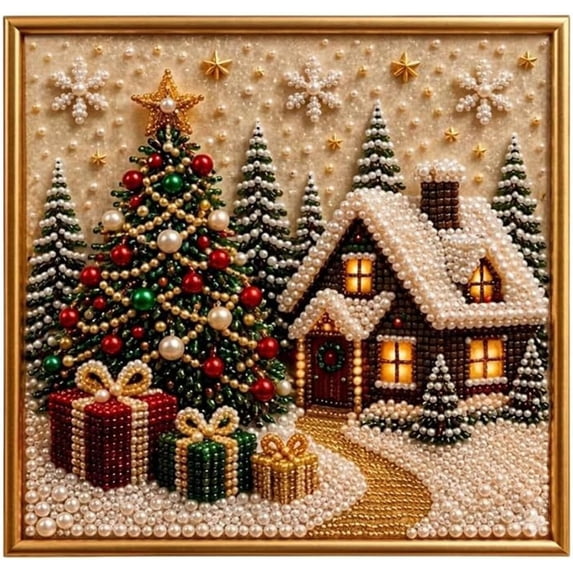 Clearance! Premium 3D Pearl Christmas Wall Art Kit, Luxury Flocked Canvas DIY Holiday Decor with Pearl Beads, Christmas Craft Gift for Adults (Snowing House)