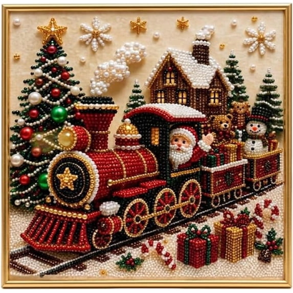 Clearance! Premium 3D Pearl Christmas Wall Art Kit, Luxury Flocked Canvas DIY Holiday Decor with Pearl Beads, Christmas Craft Gift for Adults (Train)