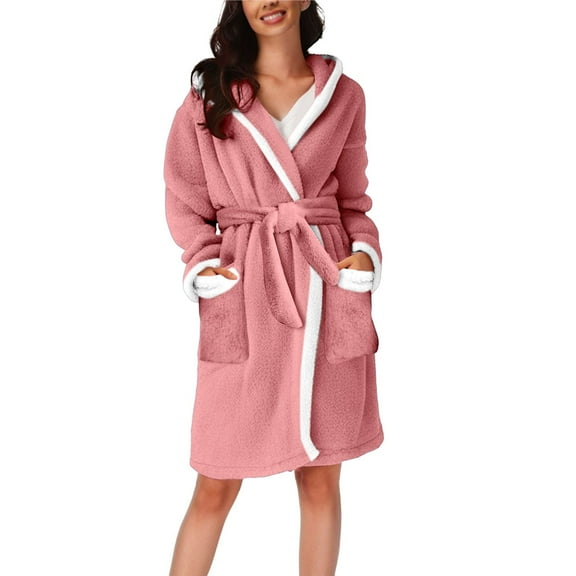 Clothing Prime Women's Flannel Plush Short Hooded Robes Soft Warm Pajama Lounge Robe Bathrobe Ladies Cute Robe with Pockets