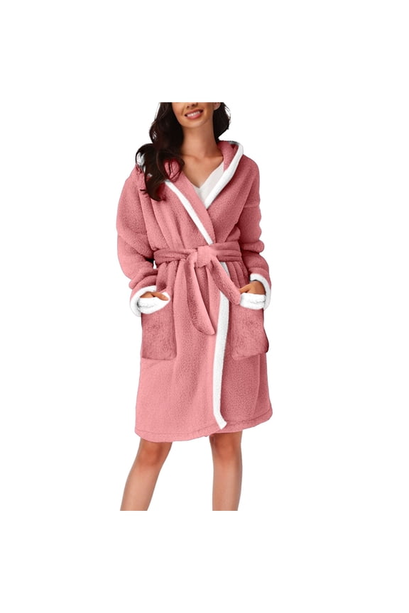 Clothing Prime Women's Flannel Plush Short Hooded Robes Soft Warm Pajama Lounge Robe Bathrobe Ladies Cute Robe with Pockets