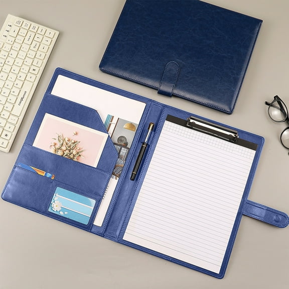 Professional Padfolio with Clipboard, Faux Leather Portfolio Folder Binder, Legal Pad Holder for A4 Letter Size Notepad, Resume, Writing Pad(Blue)