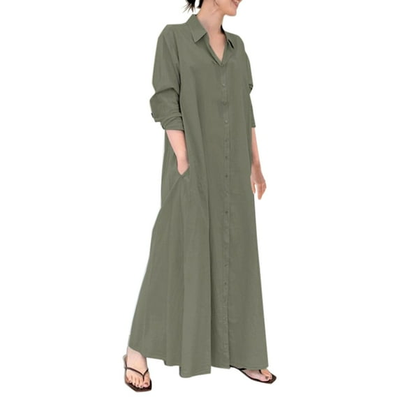 Clearance! Prolriy Maxi Dresses for Women 2024 Women's Casual Button Down Cotton Linen Long Shirt Dress with Pockets Womens Dresses Green1 L