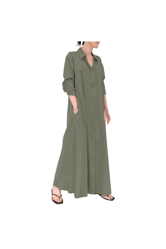 Clearance! Prolriy Maxi Dresses for Women 2024 Women's Casual Button Down Cotton Linen Long Shirt Dress with Pockets Womens Dresses Green1 M