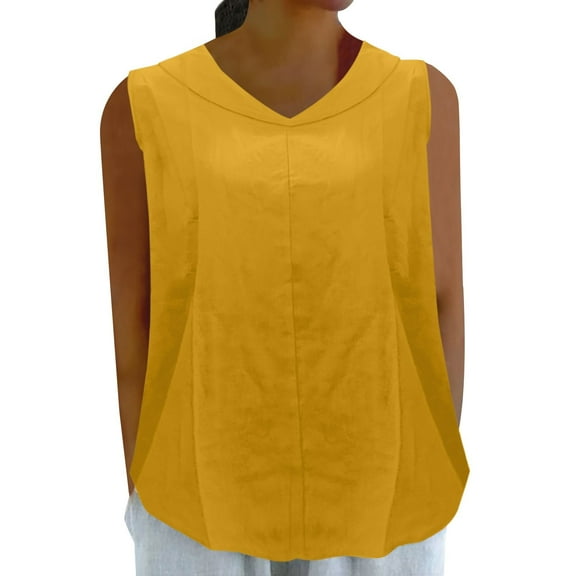 Prolriy Tank Tops for Women, Women's 2025 New Solid Color V Neck Cotton and Linen Loose Hooded Top Vest Vest Suspender Strap Womens Tops Summer Tops for Women Trendy Yellow S