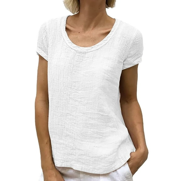 Prolriy Womens Tops Linen Shirts for Women, Women's Round Neck Short Sleeve Solid Color Casual and Comfortable Tops T Shirts for Women, Womens Tops Summer Tops White XXL