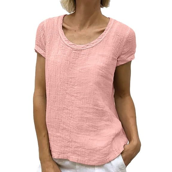 Prolriy Womens Tops Linen Shirts for Women, Women's Round Neck Short Sleeve Solid Color Casual and Comfortable Tops T Shirts for Women, Womens Tops Summer Tops Pink XL