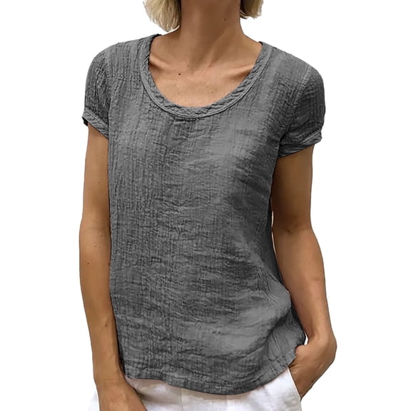 Prolriy Womens Tops Linen Shirts for Women, Women's Round Neck Short Sleeve Solid Color Casual and Comfortable Tops T Shirts for Women, Womens Tops Summer Tops Dark Gray XL