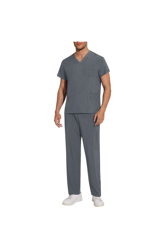 Clearance & Promo! Nursing Scrubs,Mens Scrubs Set,Men's Solid Color V Neck Pocket Caregiver Shirt Elastic Pants Nurse Uniform Set Comfortable Short Sleeve Outfit for Work