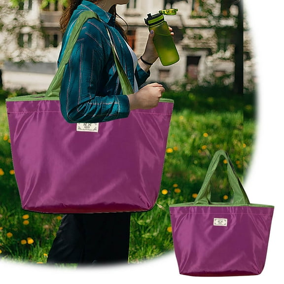 Portable Purple Eggplant Shopping Tote Oxford Cloth Foldable Market Bag with Drawstring Closure Reusable Grocery Pouch Storage Trunks & Bag Oxford Cloth Purple