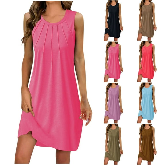 Clearance & Promo! Sundresses for Women,Vestido de mujer Women's Pleated Sleeveless Dress, Summer Round Neck Solid Color Casual Style for Beach Days or Outdoor Gatherings