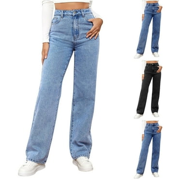 Clearance & Promo, Women’s Fashionable Casual Solid Color High-Waisted Pocket Straight-Leg Wide-Leg Mop Jeans, Trendy & Comfortable | Sopatenor, Black L
