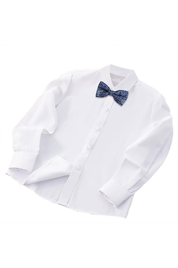 Big Boys Kid Solid Tuxedo Suit Button White Dress Shirt Color Red Bow tie Lapel Neck Button Up Shirts Blue 160