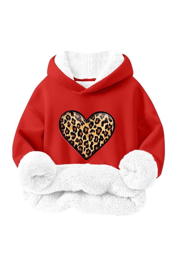 Hoodies for Kids Long Sleeve Trendy Heart Leopard Printed Sweatshirts Fleeve Sherpa Lined Pullover Girls Winter Outfits Red 11 Years