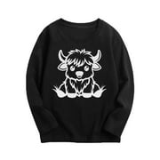 YLSDY Sweatshirts for Girls Funny Crewneck Highland Cow Printed Pullover Shirts Kids Casual Loose Long Sleeve Graphic Tees for Teens Black 7-8 Years