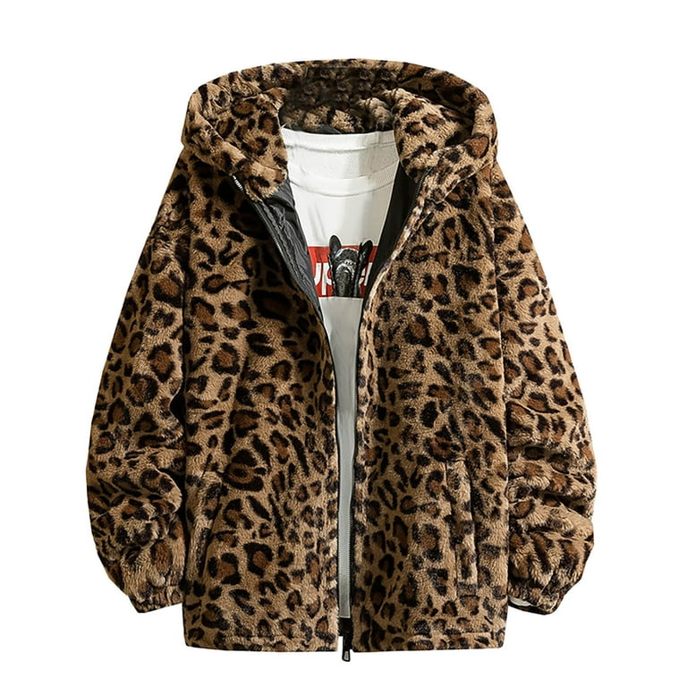 Clearance Promotion Fall Winte ! BVnarty Clearance Jackets for Men Thicken Plush Jacket Outwear Long Sleeve Hooded Neck Leopard Printed Coat Fashion