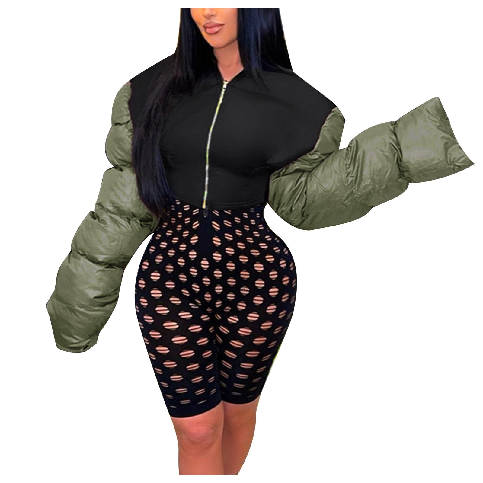Clearance Promotion Fall Winte ! BVnarty Women's Jacket Coat Plus Size Long  Sleeve Lightweight Down Padded Zipper Slim Fit Warm Coat Winter Fashion Top  Shacket Jacket Casual V-Neck Patchwork Green L 