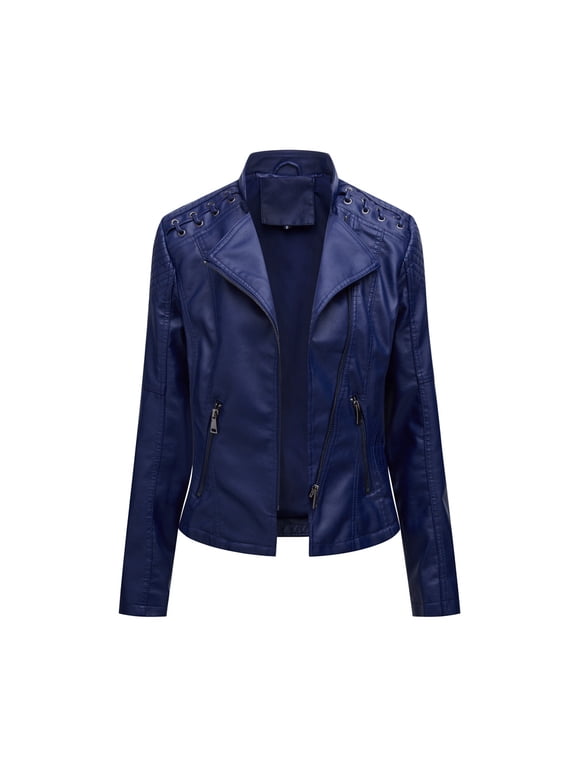 Fall Winte BVnarty Women's Jacket Coat Zipper Motorcycle Leather Short Coat Winter Fashion Top Lightweight Plus Size Solid Color Shacket Jacket Casual Lapel Long Sleeve Navy XXXXL