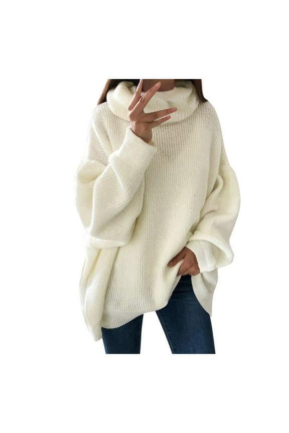 Fall Winte Sweaters for Women Solid Turtleneck Long Drop Shoulder Sleeve Fashion Loose Casual Knitted Top Fall Winter Pullover Sweater Knitting Jumper Oversized Sweaters White XL