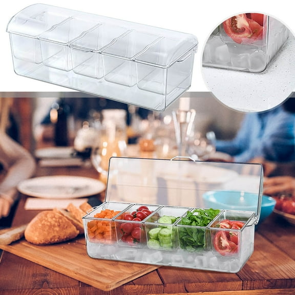 Clearance Promotion KULOKHUI Seal Food Storage Containers Bar Serving Tray On Ice With 5 Compartments, Fruit Trays For Serving Garnish Platters With Lid ClearClearA