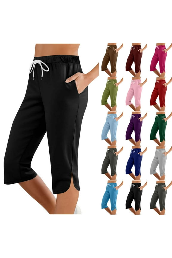 Clearance QATAINLAV Women's Drawstring Yoga Capris Pant Casual Summer Split Athletic Workout Cropped Pants Solid Color Lounge Capri Pants with Pockets Red M