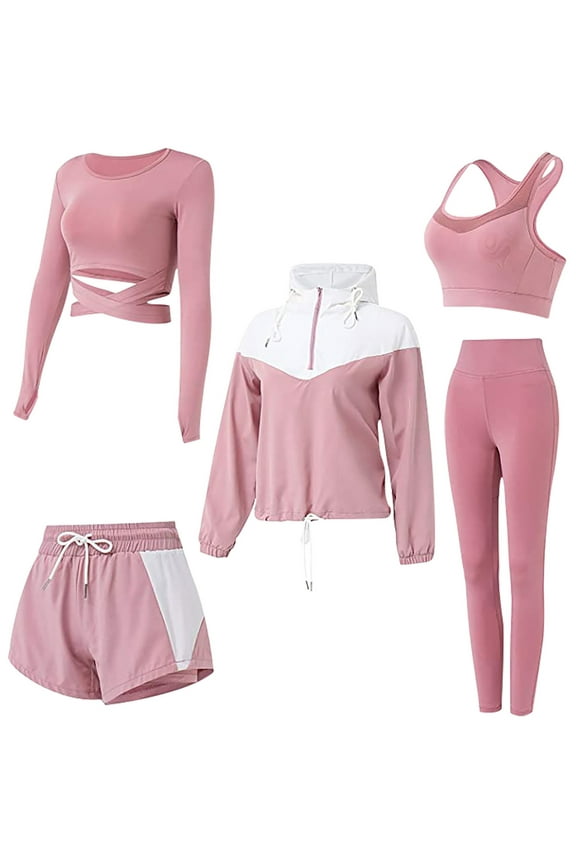 Clearance! QIPOPIQ Women's Leggings Summer Sports Plus Size 5PCS Yoga Clothing Suit Tracksuit Running Gym Fitness Set