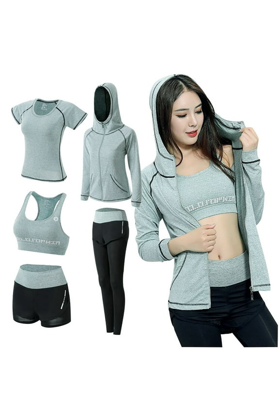 Clearance! QIPOPIQ Women's Leggings Summer Sports Plus Size 5PCS Yoga Clothing Suit Tracksuit Running Gym Fitness Set