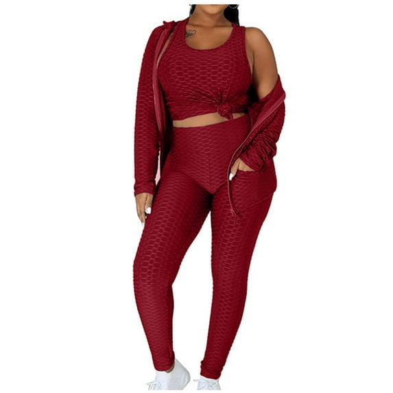 Clearance! QIPOPIQ Women's Leggings Summer Sports Plus Size Hooded Zipper Sweater Pants Knitted High Waist Jacket Vest Yoga Set