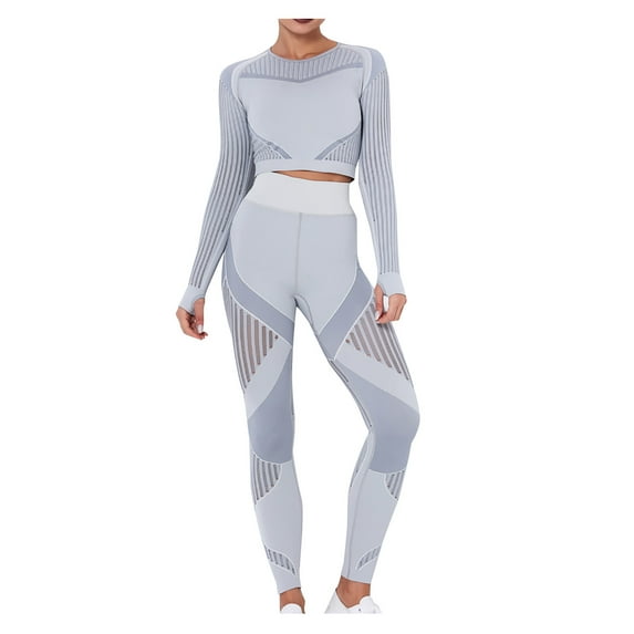 Clearance! QIPOPIQ Women's Leggings Summer Sports Plus Size Seamless Striped Hollow Yoga Clothes Hip Quick-drying Fitness Suit