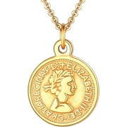 FOCALOOK [Clearance] Queen Elizabeth 10 Pence Round Coin Pendant Necklace for Women Men Stainless Steel Two-Sided Carved Medallion Gold Plated Jewelry Gift on Clearance