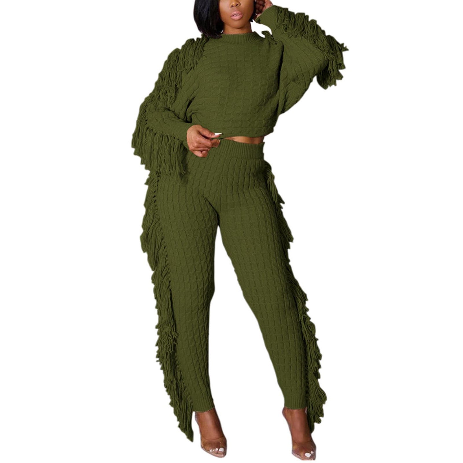 KANSOON Sweater Sets for Women 2 Piece Outfits Knit Tassels Solid Color  Long Sleeve Crop Sweaters Long Pants Sweatsuit : : Clothing, Shoes  