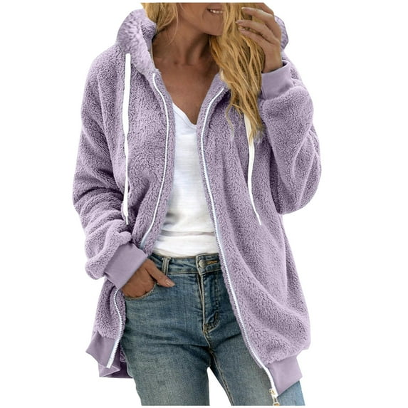 Clearance RQYYD Women Fuzzy Fleece Hoodie Jackets Solid Full Zip Up Sherpa Lined Warm Fleece Coat Outwear Plush Flannel Drawstring Hooded Sweatshirt (Purple,M)