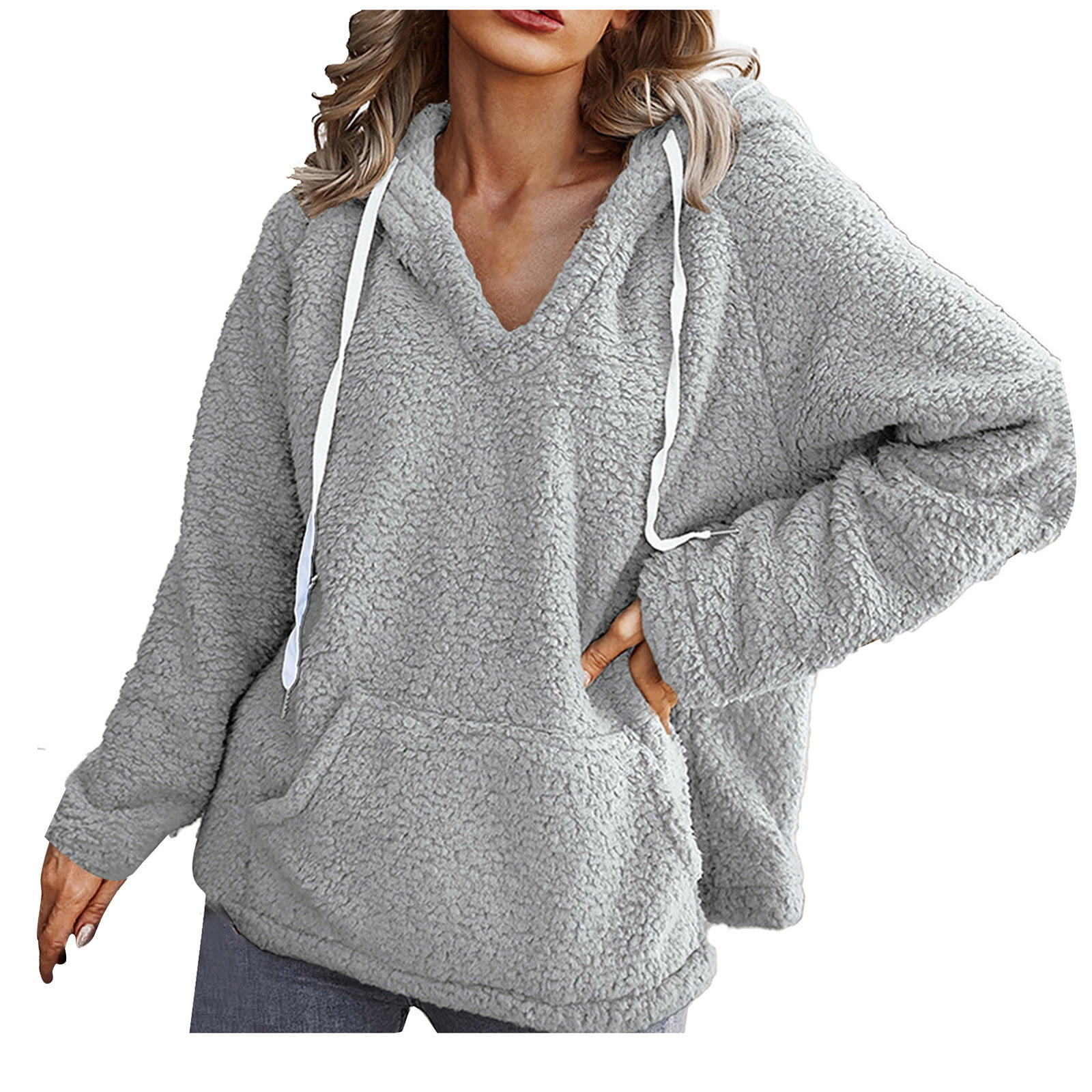 Clearance RQYYD Women's Long Sleeve V Neck Sherpa Pullover Fuzzy Fleece  Drawstring Hooded Sweatshirt Casual Loose Solid Fuzzy Hoodies with Pockets  (Gray,XL) 