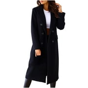 Clearance RQYYD Women's Notch Lapel Double Breasted Wool Blend Peacoat Mid-Long Fall Winter Essential Solid Long Trench Coat with Pockets