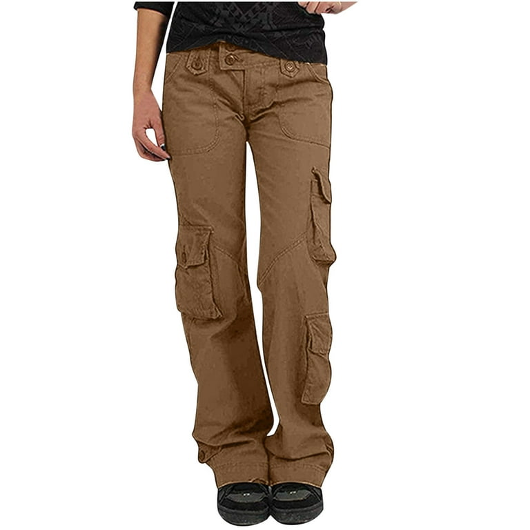 Clearance RYRJJ Baggy Parachute Pants for Women Low Waist Hiking Cargo  Pants Multiple Pockets Jogger Straight Wide Leg Y2K Pants(Brown,M) 