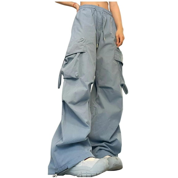 RYRJJ Cargo Pants for Women Baggy Parachute Pants Multiple Pockets High Waisted Loose Y2K Drawstring Casual Jogger Pants Trousers(Blue,L)