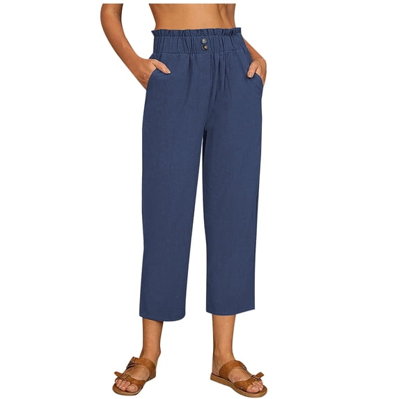 RYRJJ High Waist Linen Capris Pants for Women Casual Summer Wide Leg Elastic Women Cotton Capris Summer Ruffle Cropped Pants(Dark Blue,XL)