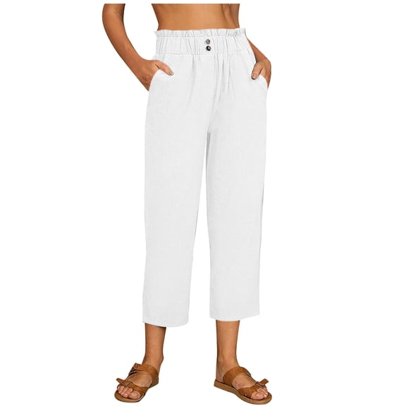 RYRJJ High Waist Linen Capris Pants for Women Casual Summer Wide Leg Elastic Women Cotton Capris Summer Ruffle Cropped Pants(White,L)