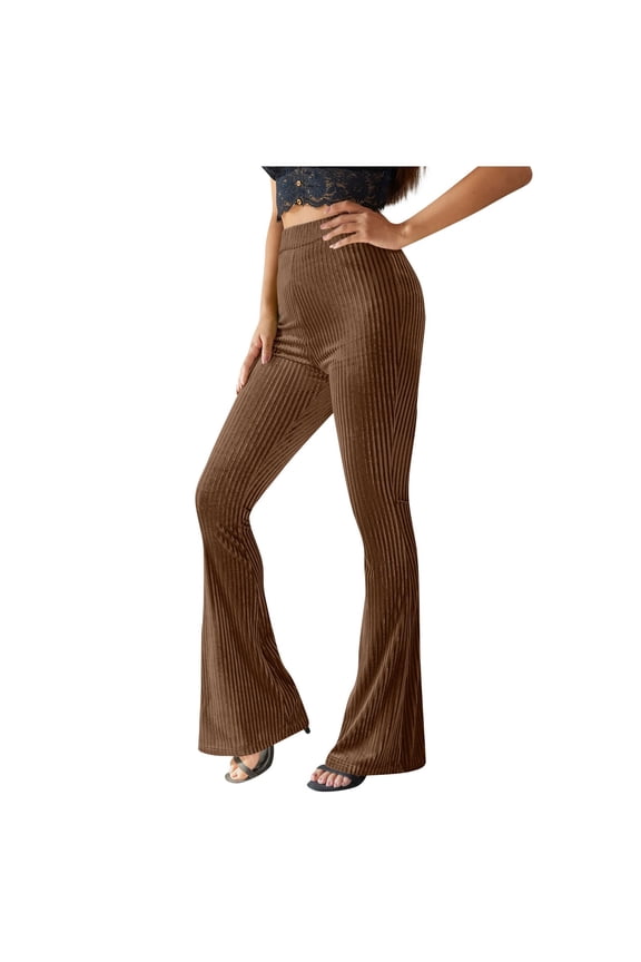High Waisted Ribbed Velvet Pants for Women Vintage Flare Leg Palazzo Long Pants Bell Bottom Trousers(Brown,S)