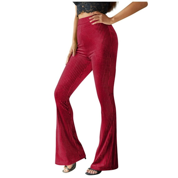 RYRJJ High Waisted Ribbed Velvet Pants for Women Vintage Flare Leg Palazzo Long Pants Bell Bottom Trousers(Red,XL)