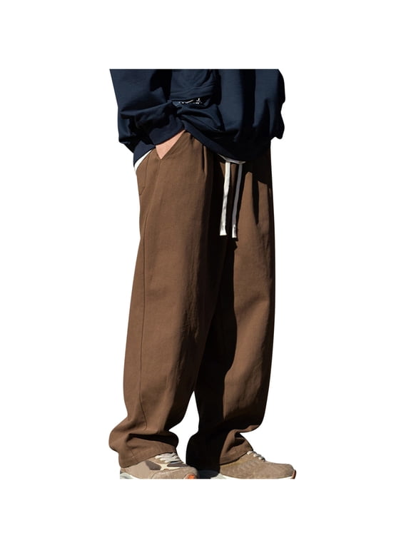 Men's Baggy Cargo Pants Casual Loose Fit Wide Leg Pants with Elastic Drawstring Waist Streetwear Lounge Trousers(Coffee,M)