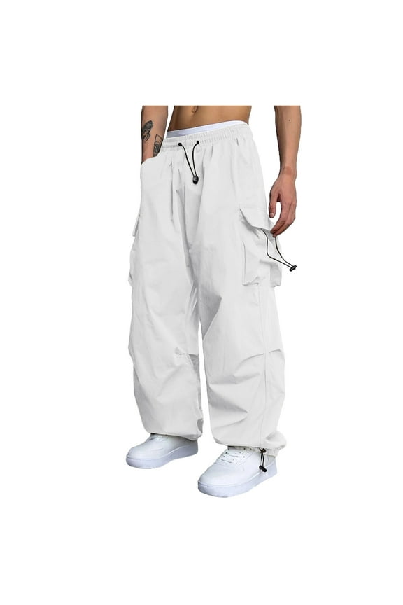Men's Baggy Cargo Pants Trendy Casual Parachute Pant Loose Fit Harem Joggers Trousers with Pockets for Streetwear(White,XL)