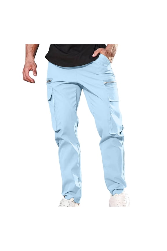 Men's Cargo Pants Cotton Ripstop Hiking Work Pants Comfort Casual Outdoor Trousers with Multi Pockets(Sky Blue,S)
