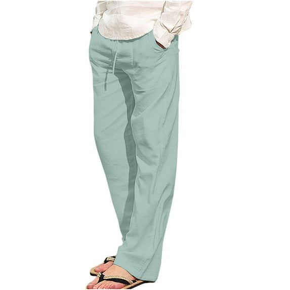 RYRJJ Men's Casual Cotton Linen Pants Elastic Waist Drawstring Yoga Beach Pants Lightweight Loose Fit Trousers with Pockets(Green,XXL)