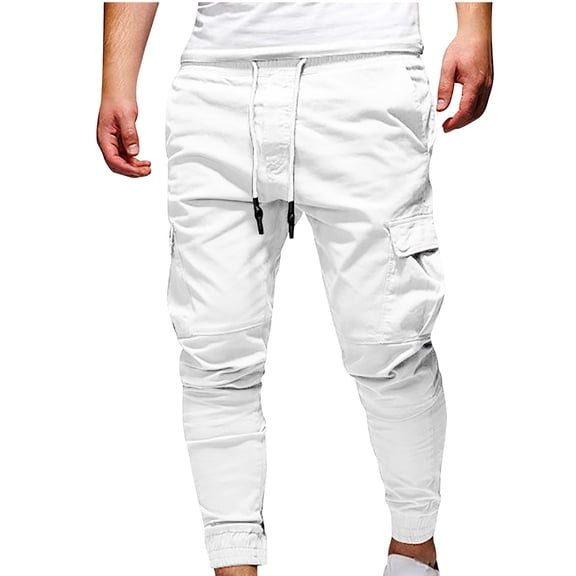 RYRJJ Men's Casual Joggers Pants Cotton Drawstring Chino Cargo Pants Multi-Pockets Hiking Outdoor Twill Track Jogging Sweatpants(White,XXL)