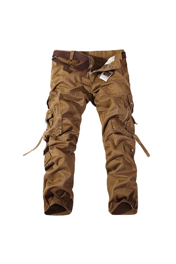 Men's Cotton Twill Casual Cargo Pants Rip-Stop Combat Work Hiking Pants Trousers with Multi Pockets (No Belt)(Yellow,XL)