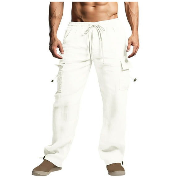 RYRJJ Mens Cotton Linen Cargo Pants Lightweight Elastic Waist Drawstring Trousers Casual Loose Summer Beach Yoga Pants with Pockets(White,XXL)