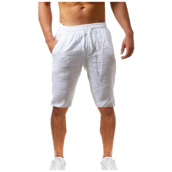 RYRJJ Mens Cotton Linen Shorts Casual Drawstring Summer Workout Yoga Beach Shorts with Elastic Waist and Pockets(White,M)