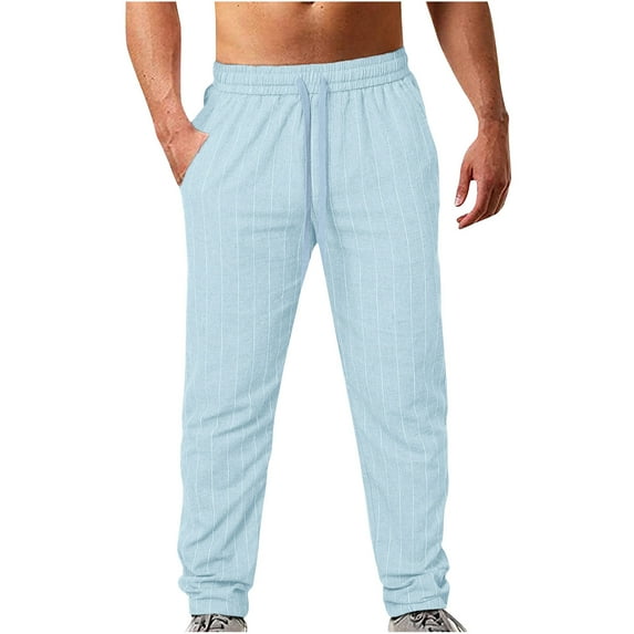 RYRJJ Mens Cotton Linen Striped Pants Casual Elastic Waist Summer Beach Yoga Pants Lightweight Straight-Legs Loose Trousers(Sky Blue,XL)