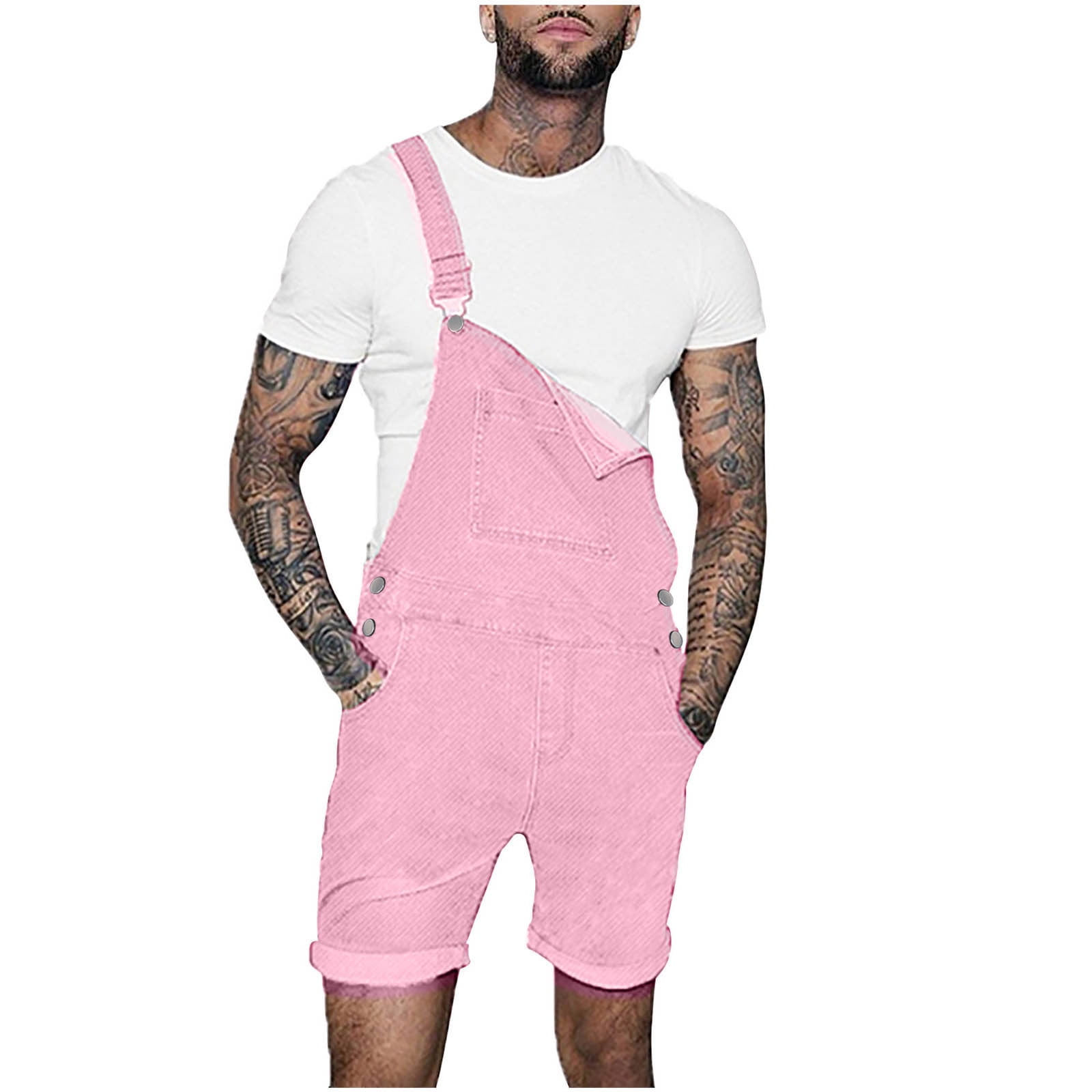 Clearance RYRJJ Mens Denim Bib Overall Shorts Above Knee Length Rompers  Walk Dungaree Jumpsuit Relaxed Fit(Pink,XL) 