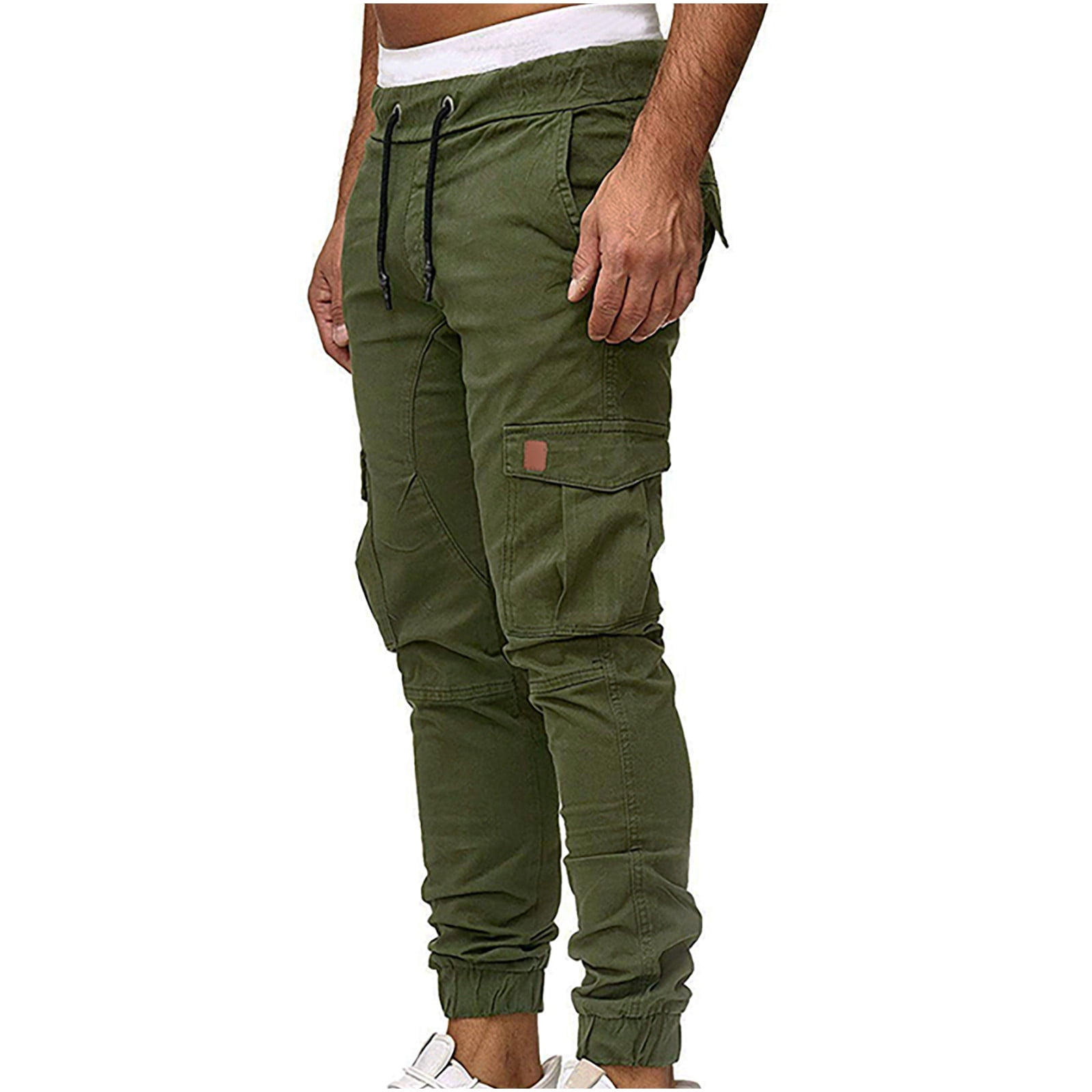 Clearance RYRJJ Mens Fashion Cargo Pants with Multi-Pockets Casual Cotton  Tapered Stretch Twill Drawstring Athletic Joggers Sweatpants(Khaki,XXL) 